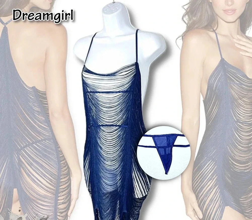 NWT Dreamgirl Blue Sexy Dress Drape Fringe Chemise & G-String Set mini lingerie